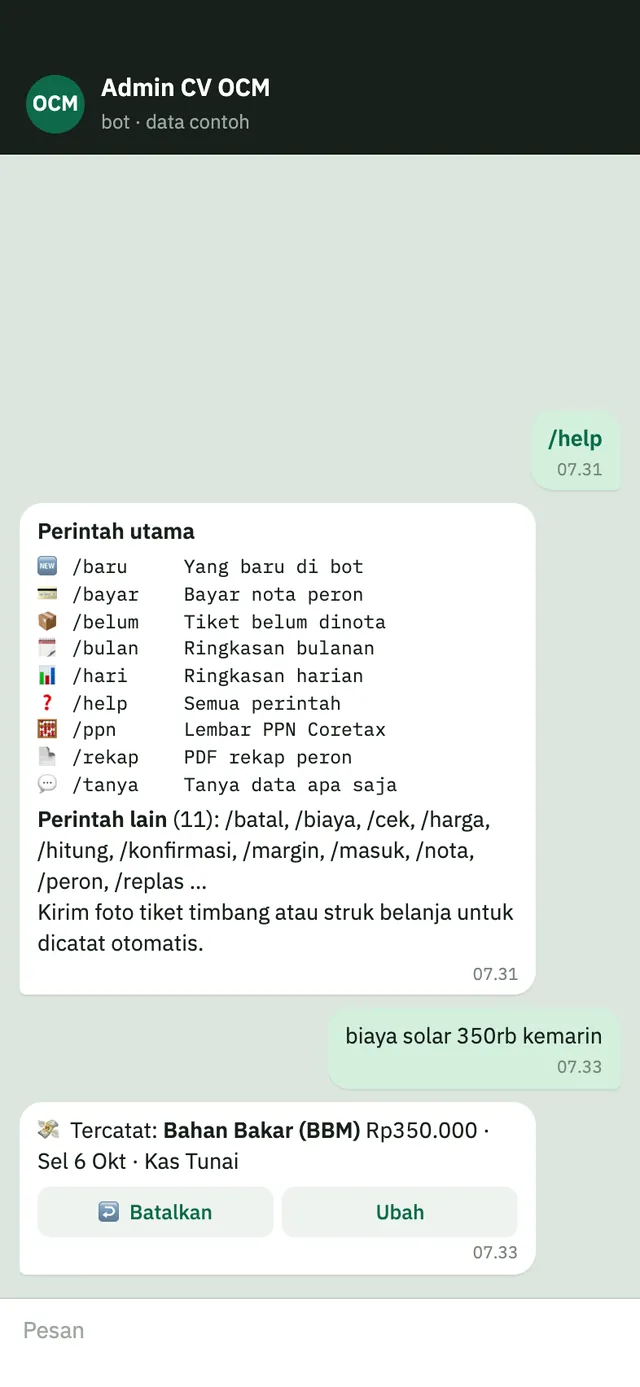 Menu & pencatatan biaya