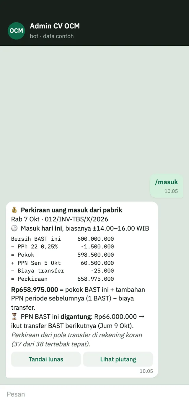 /masuk: perkiraan uang dari pabrik