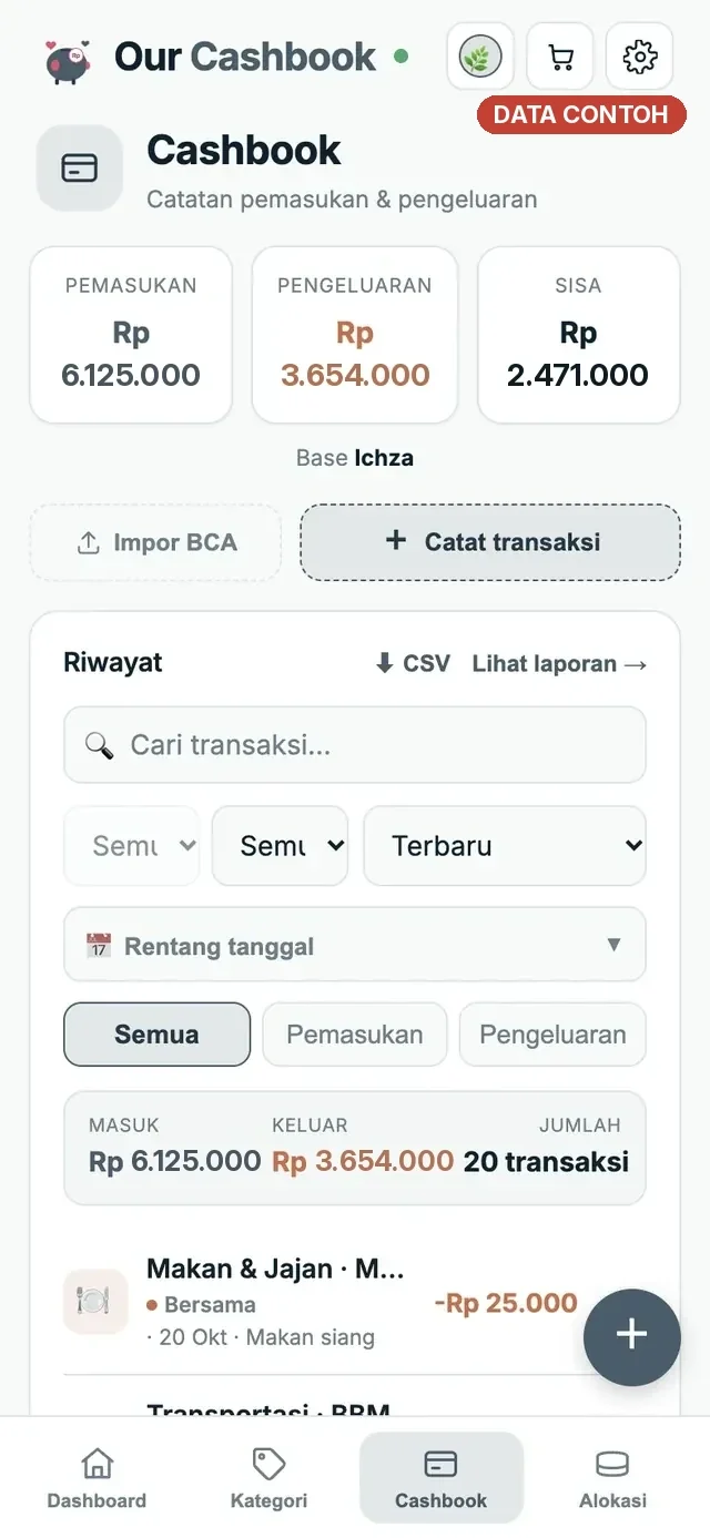 Cashbook: riwayat, filter, impor mutasi, ekspor CSV