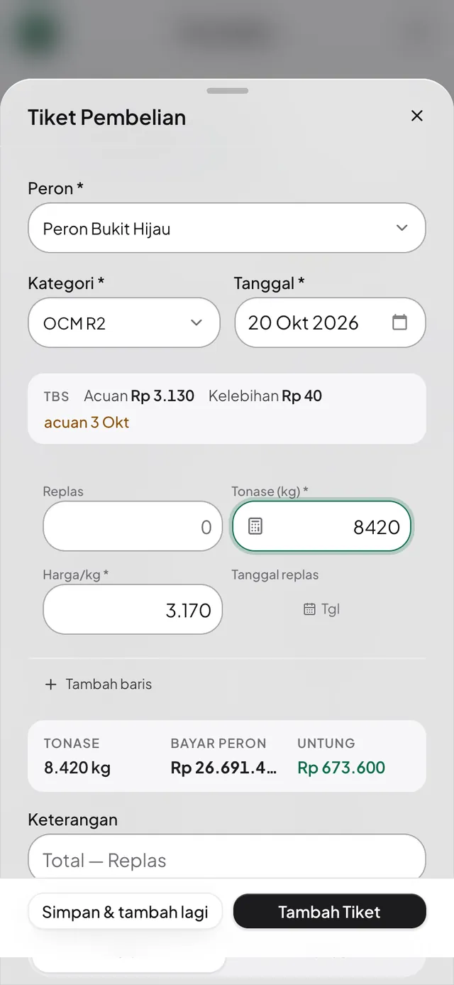 Input tiket timbang; harga terisi dari acuan tanggalnya