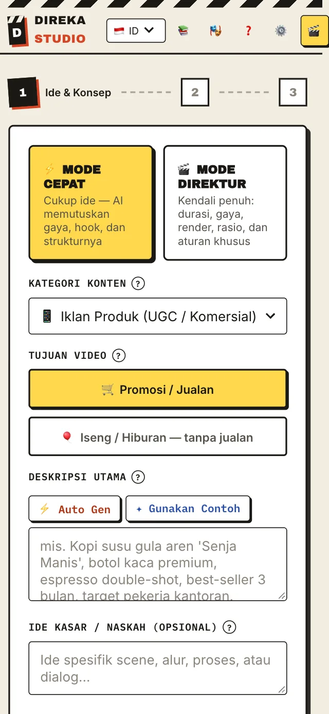 Studio di HP: ide → kategori → tujuan video