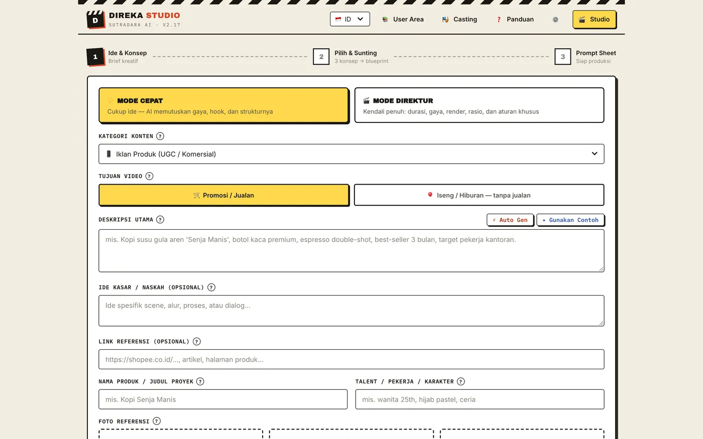 Studio 3 langkah: ide → pilih & sunting → prompt sheet