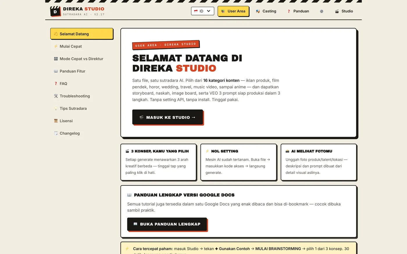 User Area: panduan, FAQ, tips sutradara