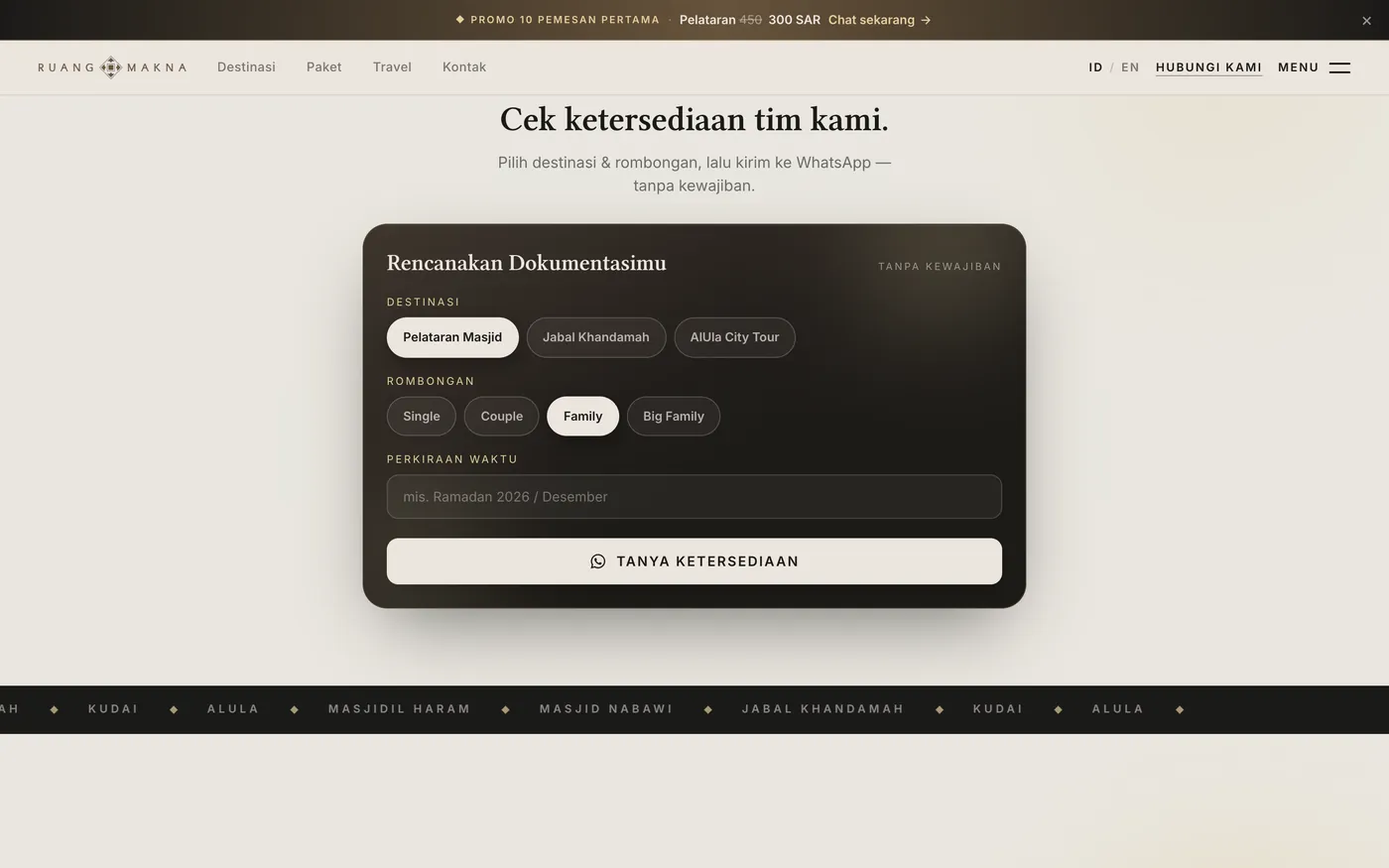 Cek ketersediaan → langsung ke WhatsApp